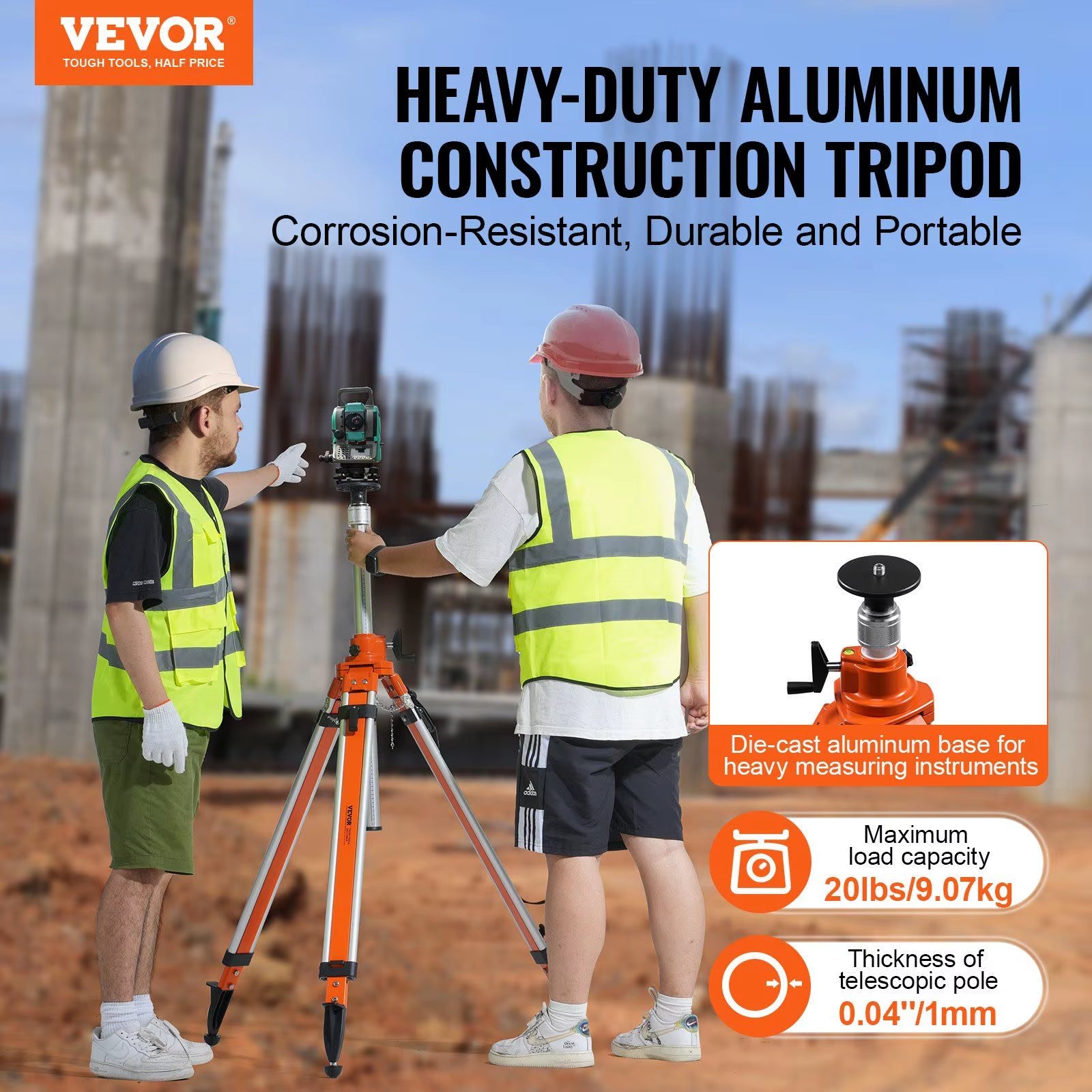 Laser Level Tripod Stand 5/8-11 Thread 45.07-114.37 in Height Aluminum Alloy Knob Lock 3 Leg Sections