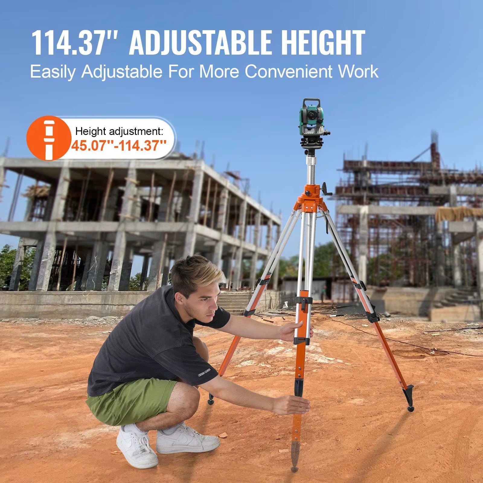 Laser Level Tripod Stand 5/8-11 Thread 45.07-114.37 in Height Aluminum Alloy Knob Lock 3 Leg Sections